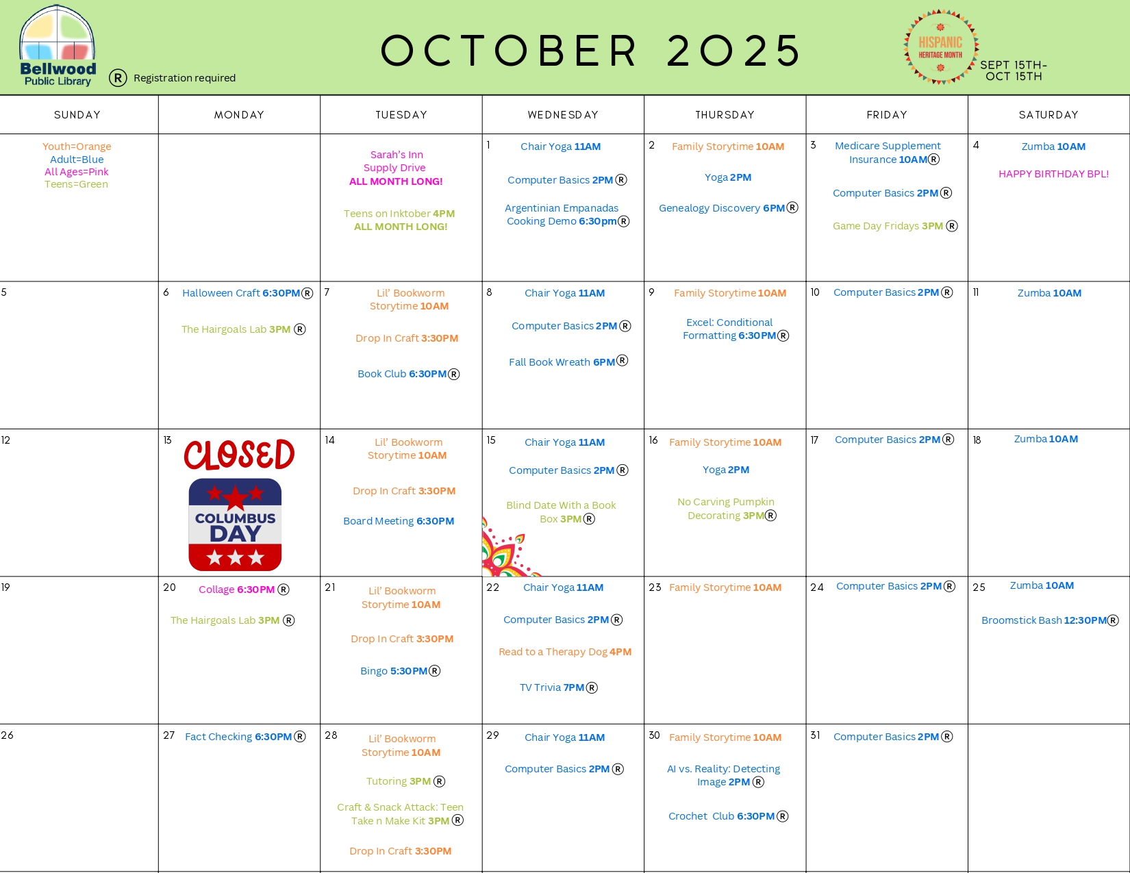A calendar for October 2025.
