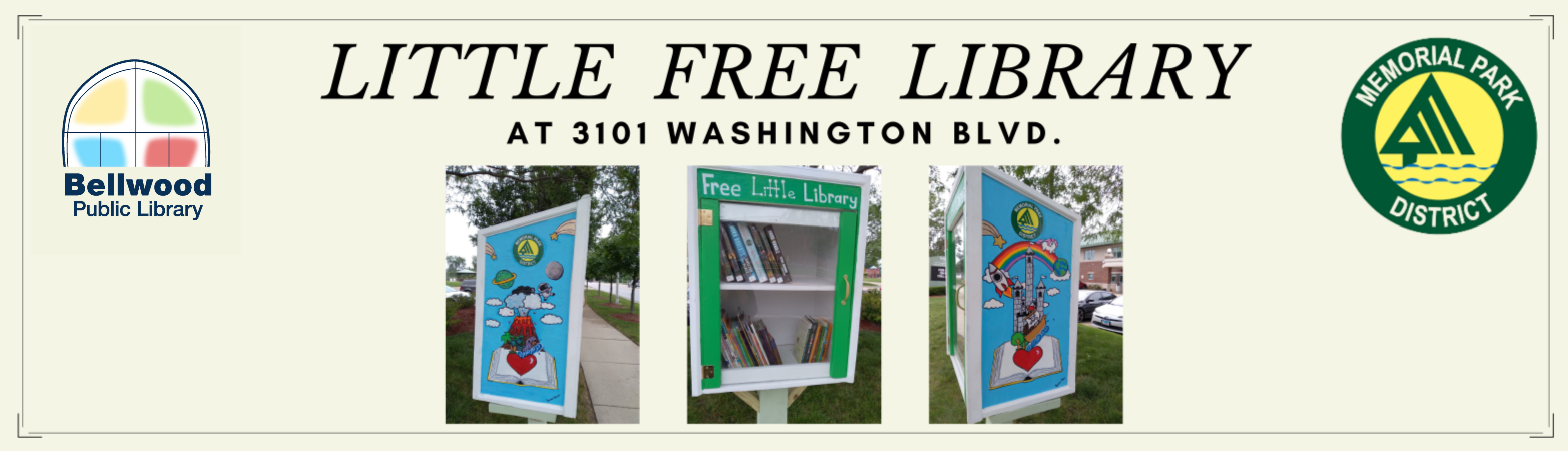 three images ofthe little free library near the fitness center, a small white wooden box on a stilt, and the text Little Free Library at 3101 Washington Boulevard