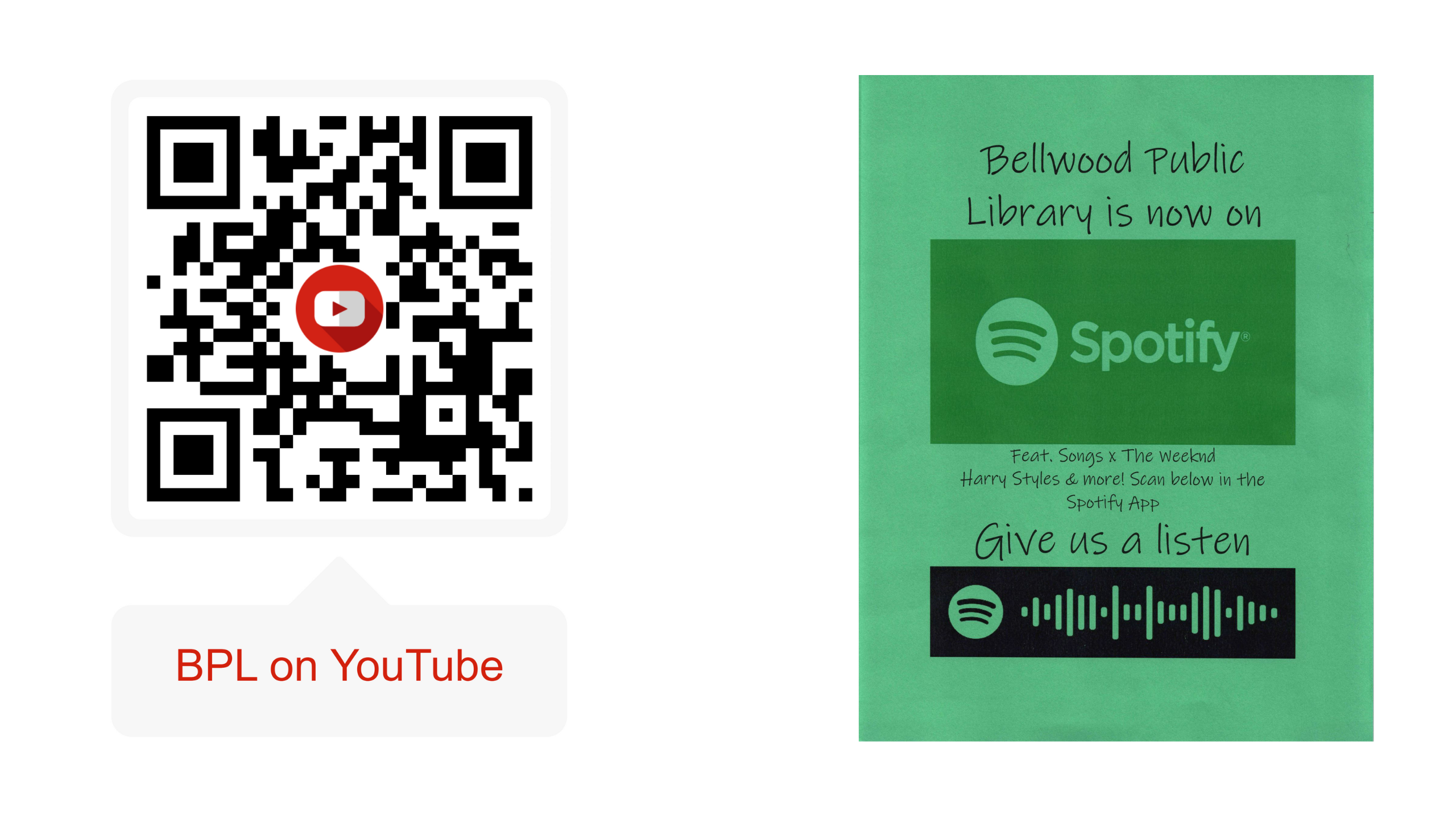 qr codes linking to the library&#039;s youtube and spotify playlists