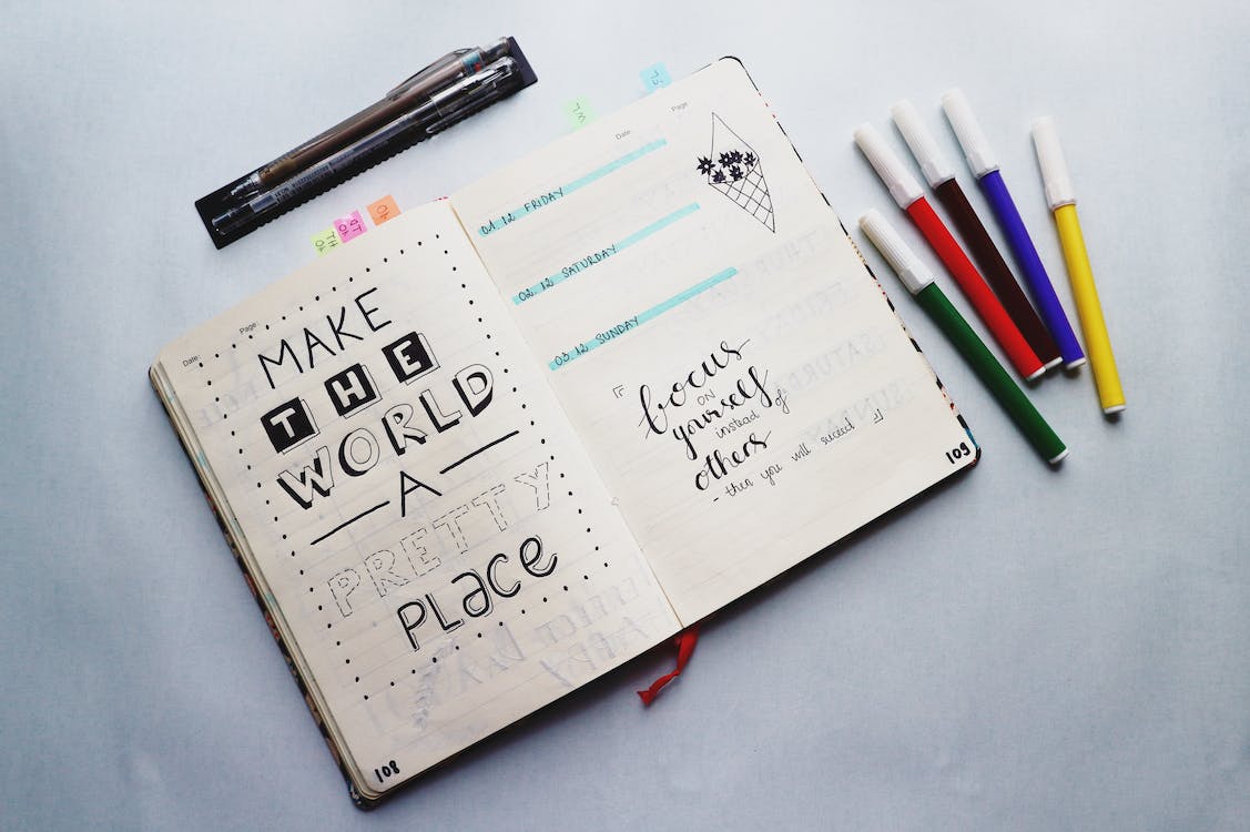 a notebook with doodles on the pages