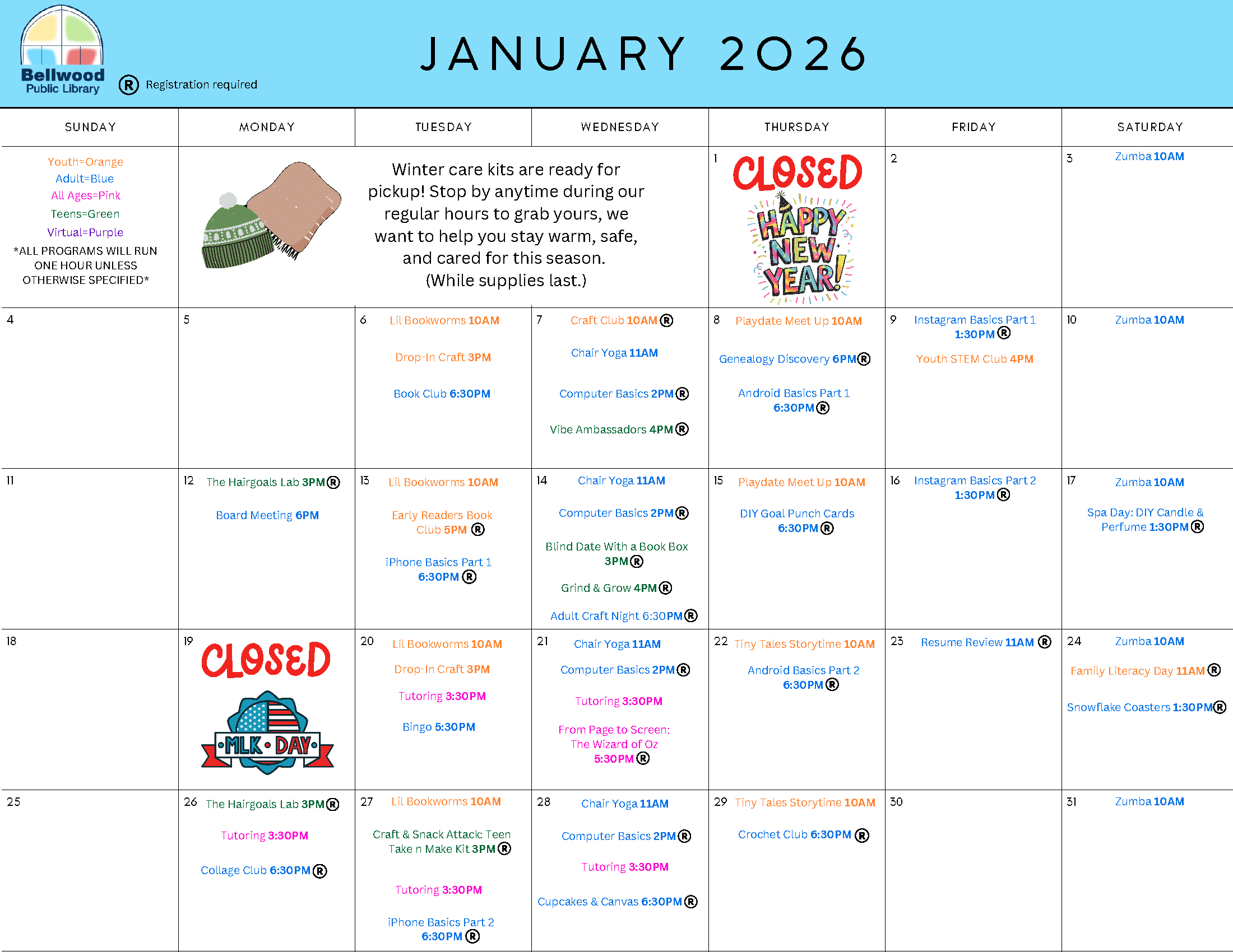 A calendar of events for January 2026 at the Bellwood Public Library. All this information is on the website under 'Calendar.'