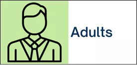 A line drawing of a person on a green background and the word &quot;adults.&quot;