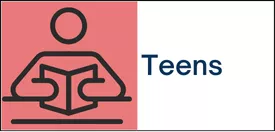 A line art image of a teen reading a book on a pink background and the word &quot;teens.&quot;