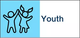 A line drawing of two children high-fiving on a blue background and the word &quot;youth.&quot;