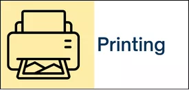 A line drawing of a printer on a yellow background with the word &quot;printing.&quot;