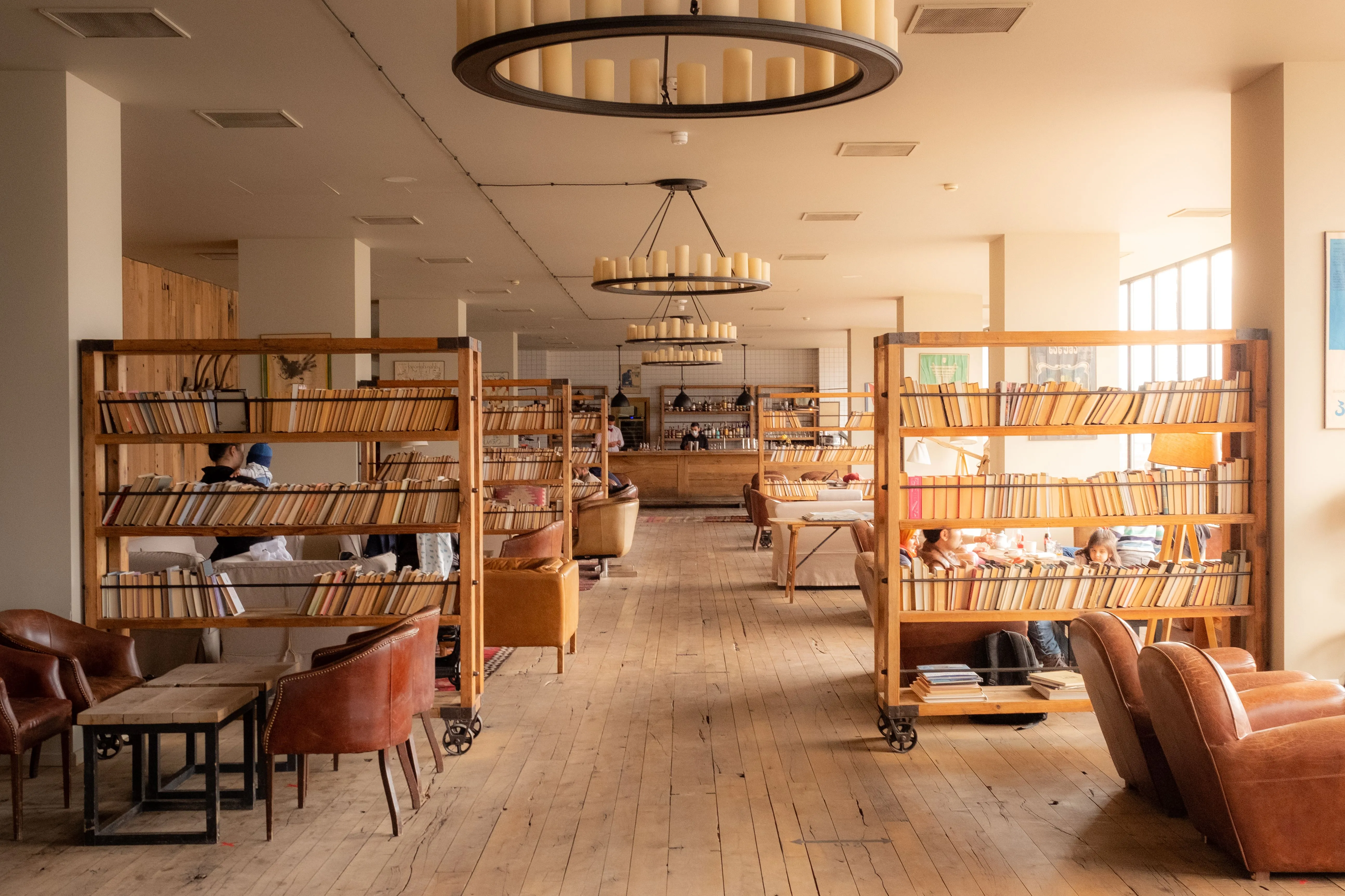 Shelves of books in a library.