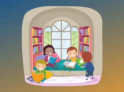 A cartoon of four kids reading in a window seat.