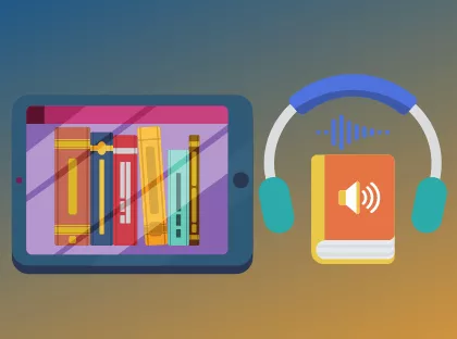 A tablet displaying ebooks and a book with headphones above it representing audiobooks.